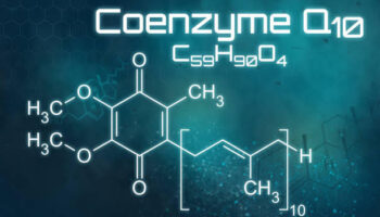 Chemical formula of Coenzyme Q10 on a futuristic background