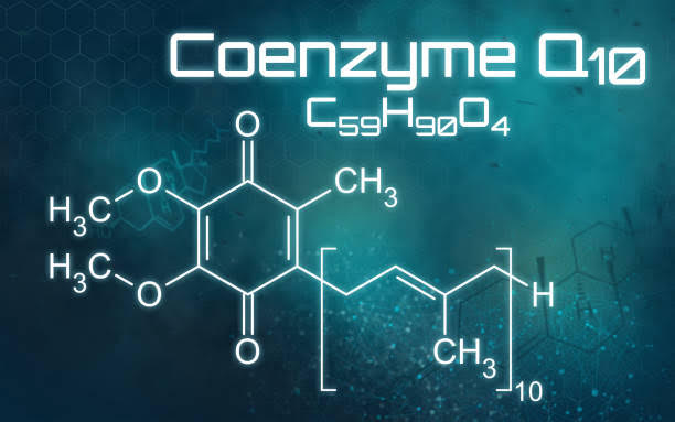 Chemical formula of Coenzyme Q10 on a futuristic background
