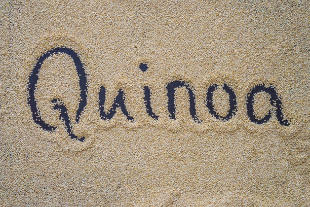 Quinoa on a black background and an inscription with a finger - Quinoa.