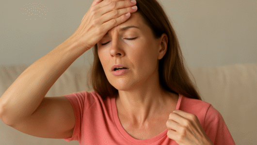 A woman in her 40s representing the early signs of menopause at 40, with a calm expression, seated indoors in soft natural light against a neutral background.