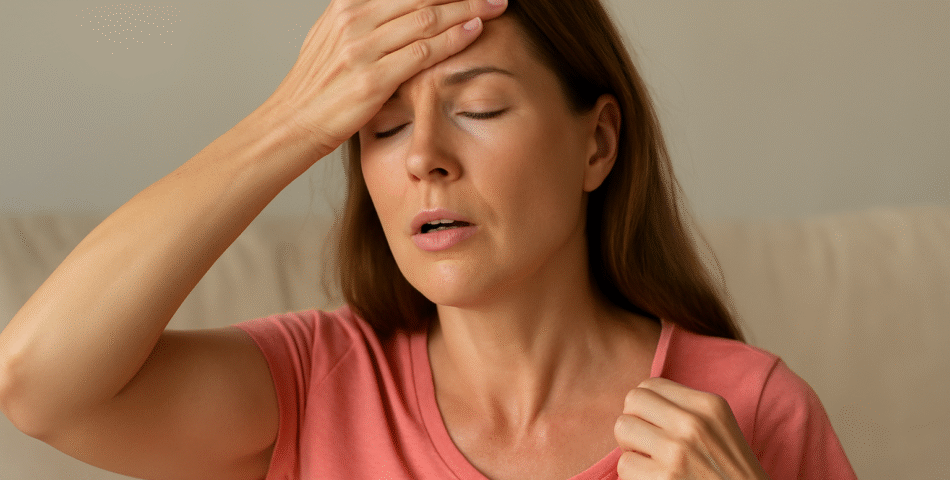 A woman in her 40s representing the early signs of menopause at 40, with a calm expression, seated indoors in soft natural light against a neutral background.
